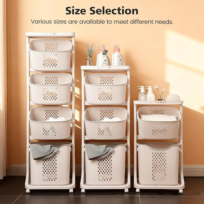 BAOKALER Rolling Laundry Hamper Cart with Wheels, 3 Tier White Laundry Baskets, Clothes Hamper with Portable Storage Baskets for Kitchens, Bathrooms, Bedrooms, Classrooms, Laundry Rooms(75L) - Image 8