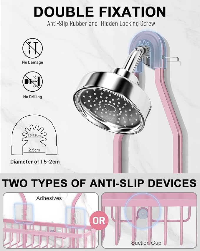 Pink Shower Caddy for Bathroom - Never Rust Hanging Shower Organizer with Soap Basket and Hooks - Large Capacity 3 Tier Aluminum Over The Showerhead Caddy - Image 3
