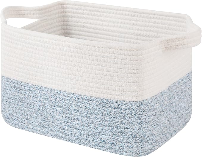 OIAHOMY Woven Storage Basket for Shelves, Rectangle Cotton Rope Baskets for Organizing, 13 x 10 x 9 in, Storage Bins for Dog Toys,Towel,Books,Gift,Blue and White by MasterofSpaceOptimization