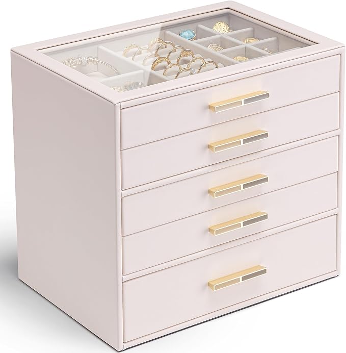 VLANDO 5 Layer Jewelry Box for Women, Glass Lid Jewelry Organizer with 5 Drawers for Necklaces Rings Earrings Bracelets - Light Pink by VLANDO