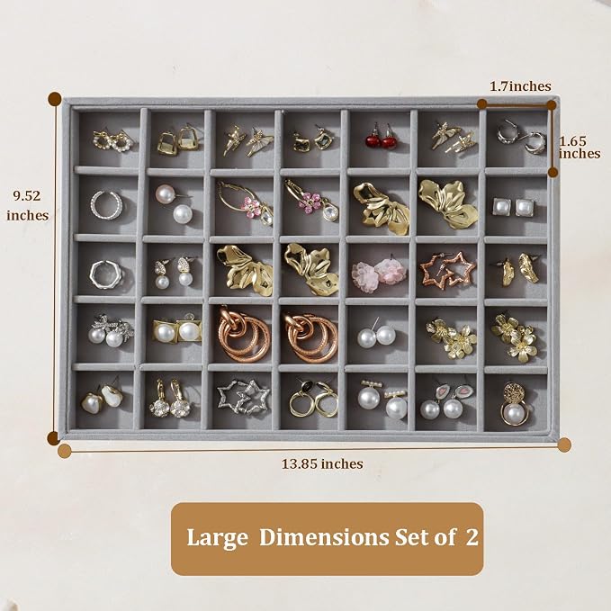 Large Velvet Jewelry Tray 2 Pack Stackable Jewelry Display Drawer Inserts Trays Organizer for Earring Bracelet Necklace Ring (Gray, 35 Grids) - Image 4