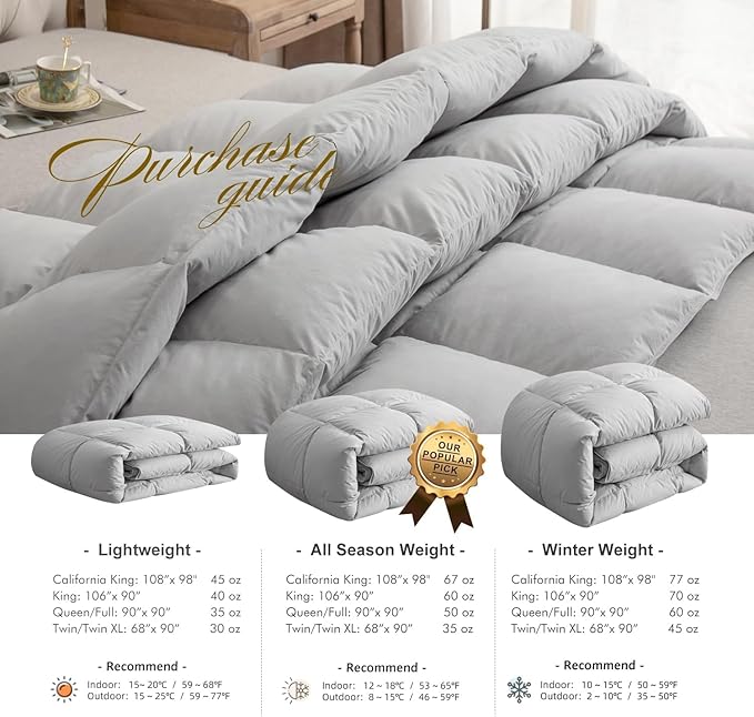 Royoliving Premium Feathers Down Duvet Insert Comforter California King Size Gray Heavyweight Thickened Winter Grey 100% Cotton Cover with Corner Tabs (108x98, 77 oz)