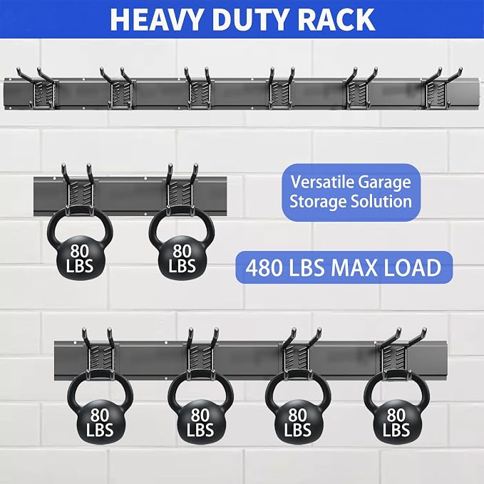 Garage Tool Organizer Wall Mount, 48inch Heavy Duty Garden Tool organizer Storage System, Easy Install With 6 Adjustable Bilayer Hooks, For Garage, Basement, Shed, Workshop(Black) - Image 3