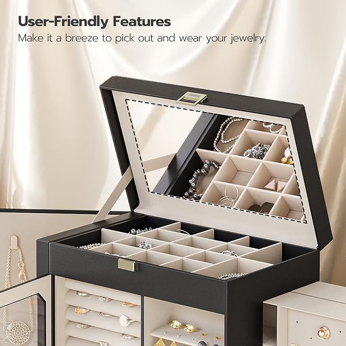 HOOBRO Jewelry Box with Mirror, Travel Jewelry Organizer with Glass Window, Jewelry Storage Case, Vertical Storage, Gift for Loved Ones, for Earrings, Rings, Necklaces, Bracelets, Black BK03JB04G2 - Image 7
