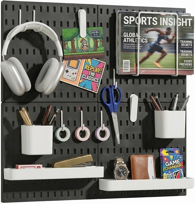 Keepo Peg Board Wall Organizer – Plastic Pegboard Panels, Modular Peg Board Storage System for Home Office, Craft Room, Gaming Setup (Black, 22″×22″) by Keepo