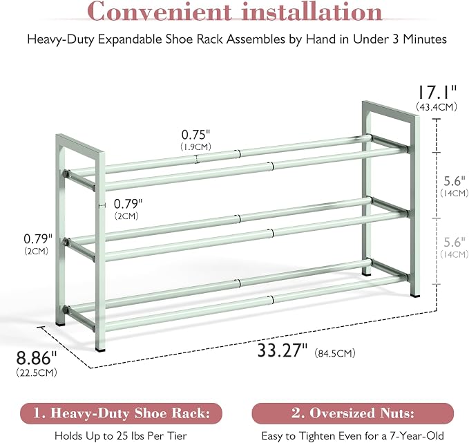 Bumusty 3-Tier Expandable Shoe Rack for Closet, 18“-33” Adjustable Shoe Rack for Small Space, Small Shoe Organizer for Front Door, Sturdy Metal, Green - Image 3