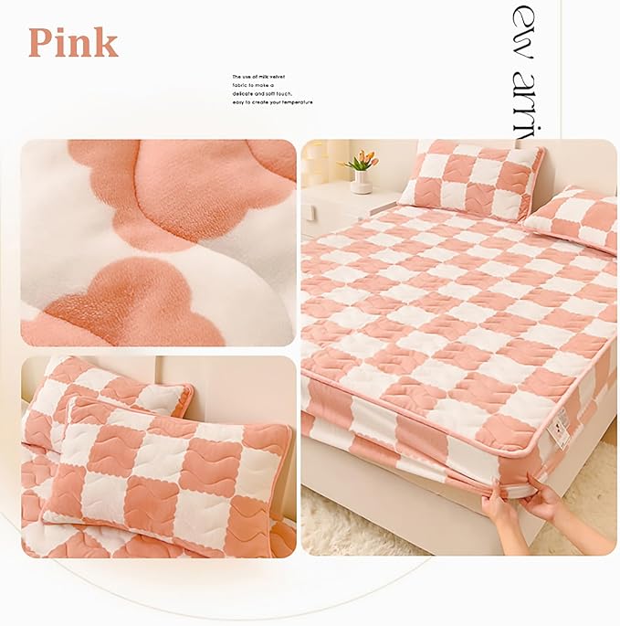 Velvet Fitted Sheet, Soft Velvet Fleece Bed Sheet Mattress Protector Cover with 12'' Deep Pocket Breathable Mattress Pad Cover, Elastic Fitted Mattress Topper(Twin-35x79inch, Pink)