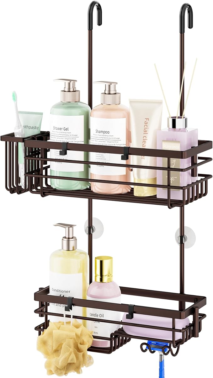 HapiRm Hanging Shower Caddy Organizer - No Drilling Shower Shelves with Hooks and Toothbrush Holder, Rustproof 304 Stainless Steel Bathroom Organizer - Bronze by HapiRm