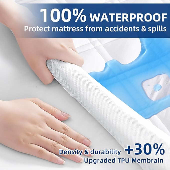 Padded Queen Mattress Protector, Breathable Waterproof Mattress Pad Cover Fitted Deep Pocket 8"-21", Soft Noiseless Mattress Cover Washable Cooling for Home Hotel Bedroom, White