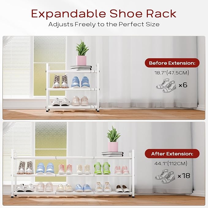 Bumusty 3-Tier Long Expandable Shoe Rack for Closet, 18"-44" Adjustable Shoe Rack for Entryway, 15-18 Pairs Large Shoe Organizer Shelf Storage, Sturdy Metal, White - Image 5