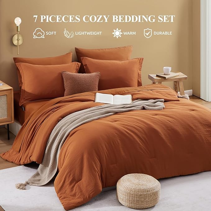 WRENSONGE Super King Plus Comforter Set- 7 Pieces Soft Burnt Orange Bed in a Bag with Fitted Sheet, Flat Sheet, 2 Shams, and 2 Pillowcases-Warm Bed Sets Fall Comforter for All Seasons