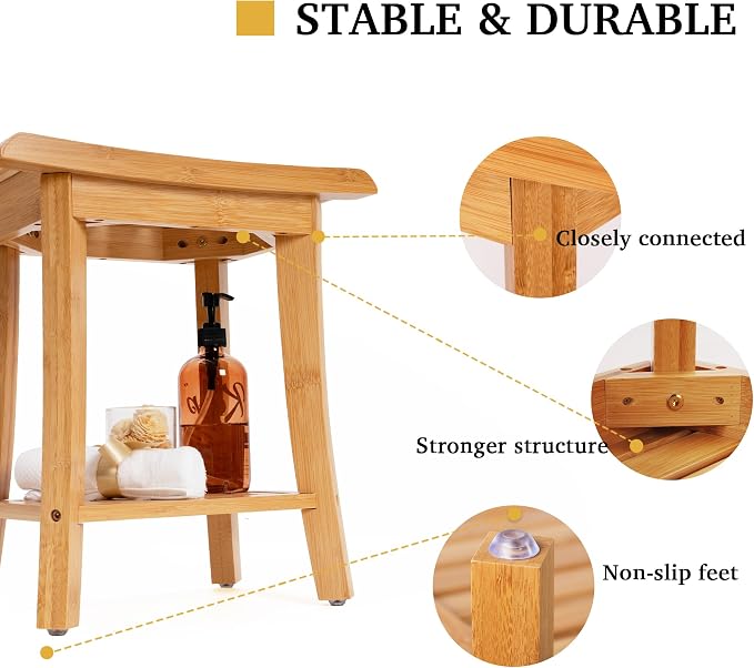 Unibambou Bamboo Shower Bench Inside Shower Stool with Storage Shelf, Spa Bath Chair for Bathroom, Seat or Organizer for Living Room, Bedroom and Garden - Great for All Ages Elderly (Small, Natural) - Image 4