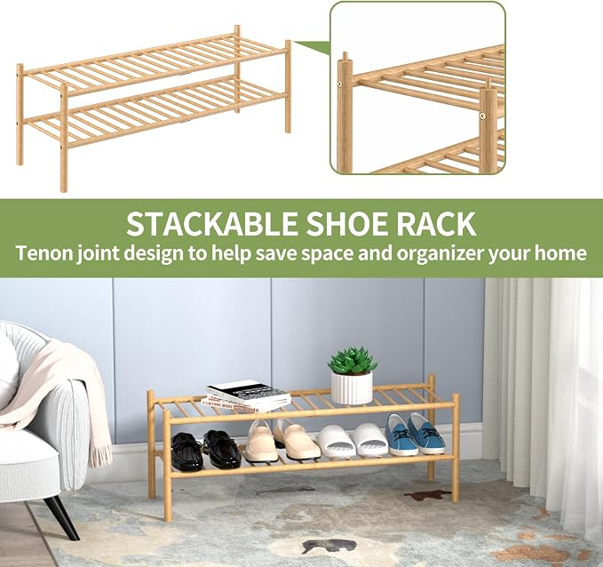 ROMGUAR CRAFT 2-Tier Bamboo Long Shoe Rack, Free Standing Wood Shoe Shelf Storage Organizer for Closet Entryway Stackable 35"x11"x13" (Natural) - Image 6