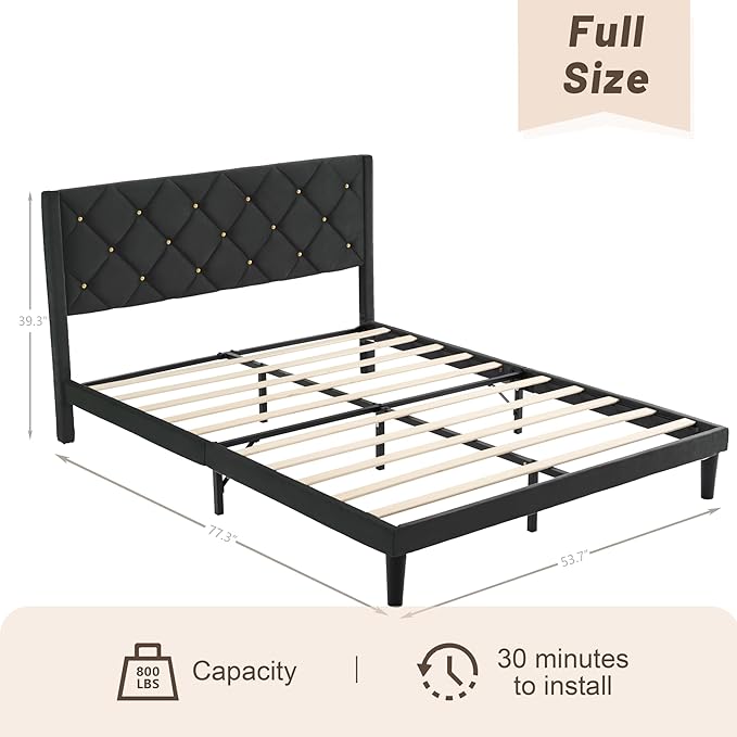 Full Bed Frame with Headboard, Bed Frame Full Size with Sturdy Wooden Slats Support, Platform Frame with Velvet Upholstered Headboard, Mattress Foundation, Easy Assembly, No Box Spring Needed Black