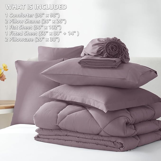 CozyLux Oversized Queen Comforter Set Dusty Purple, 7 Pieces Bed in a Bag Comforter Set with Sheets Luxury Bed Set All Seasons, Bedding Set with Down Alternative Comforter, Sheets, Pillowcases & Shams