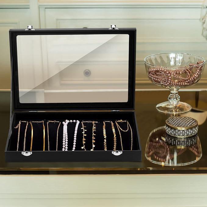 Kenning 2 Pieces Glass Lid Necklace Organizer Box 20 Hooks Necklace Tray Jewelry Holder Organizer Velvet Necklaces Holder Storage Display Case for Show Bracelet - Image 5