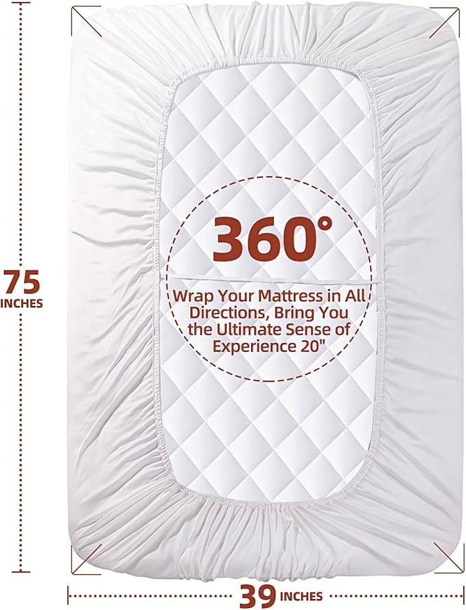 Twin Mattress Pad, Deep Pocket Quilted Premium Mattress Protector, Anti-Shift Design, Extra Elastic Strap, Soft Breathable & Noiseless Mattress Cover, Fit up to 22" (39x75 Inches, White)