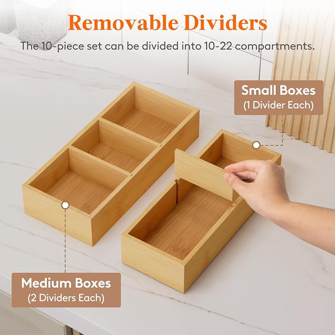 Lifewit Drawer Organizers 10 Pack(22 Grid) with 12 Inserts, Adjustable Bamboo Wooden Drawer Dividers, Stackable Storage Box for Utensils, Silverware, Makeup, Junk in Kitchen/Bathroom/Office/Vanity - Image 4