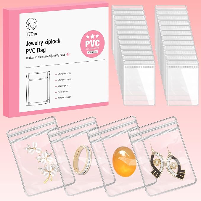 17Dec 100 Zippered Plastic Jewelry Bags,Small(2.36"x3.15"),Thicker PVC Anti-Tarnish Jewelry Bags Clear Plastic for Gold,Silver,Collectibles,Jewelry Packaging for Business,Travel,Organizing by 17Dec