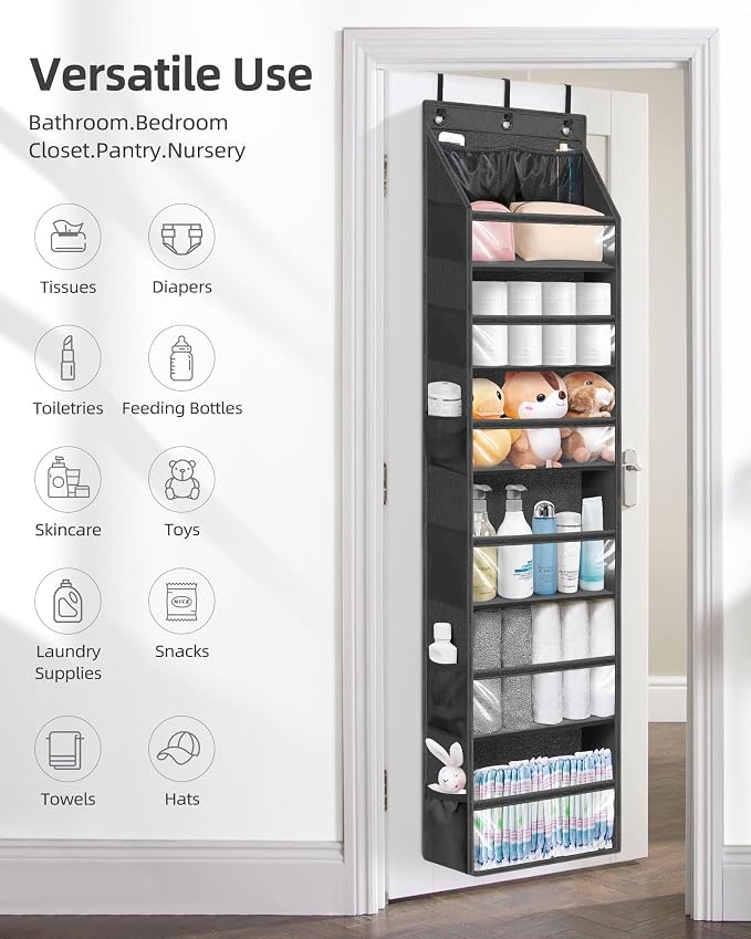 STORAGE MANIAC Over the Door Organizer Large Capacity Hanging Organizer, Clear Deep Pockets Behind Door Closet Organizer and Storage for Nursery, Bathroom, Bedroom, Pantry, 1 Pack Black - Image 5