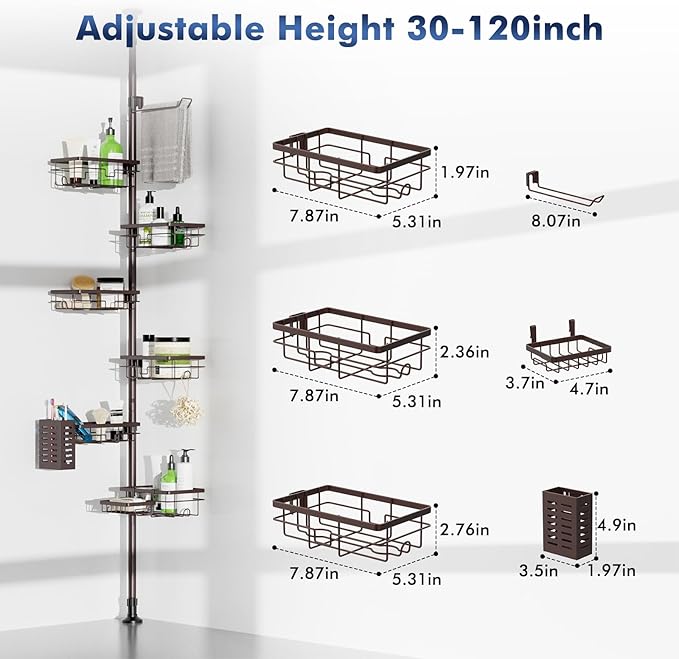 Vatex Corner Shower Caddy Tension Pole,Adjustable 30-120 Inch Bathroom Organizer Storage,Rustproof 6-Tier Shower Corner Shelves,Towel Rack, Toothbrush Holder, Soap Dish Organizers - Image 5