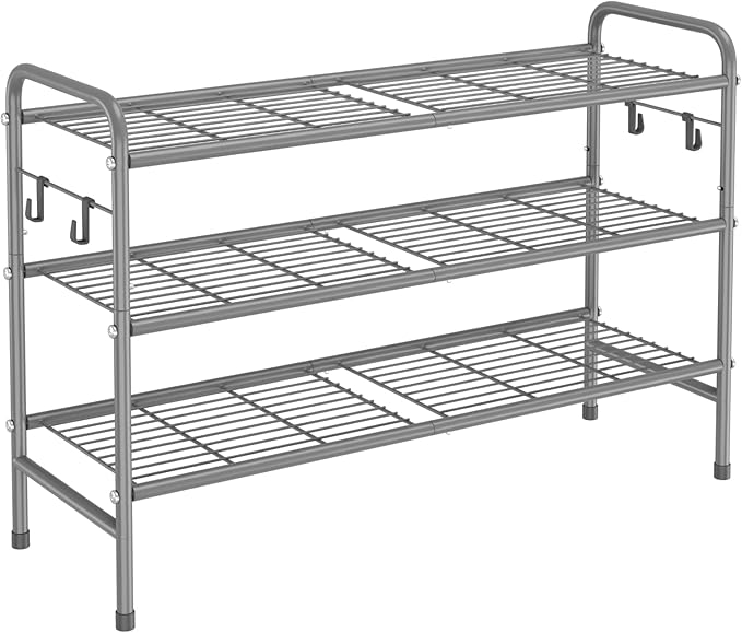VILICK 3 Tier Shoe Rack 33" Wide Metal Shoe Organizer Long Shoe Storage with 4 Side Hooks Sturdy Shoes Shelf for Front Door Entrance, Closet, Garage, Dorm, Grey by VILICK