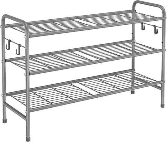 VILICK 3 Tier Shoe Rack 33" Wide Metal Shoe Organizer Long Shoe Storage with 4 Side Hooks Sturdy Shoes Shelf for Front Door Entrance, Closet, Garage, Dorm, Grey by VILICK