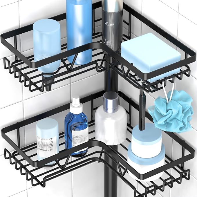 KEGII Floor Shower Caddy Standing – 4-Tier Corner Shower Organizer with Hooks & Soap Holder, Free-Standing Bathroom Storage Rack for Shampoo & Toiletries, Black - Image 4