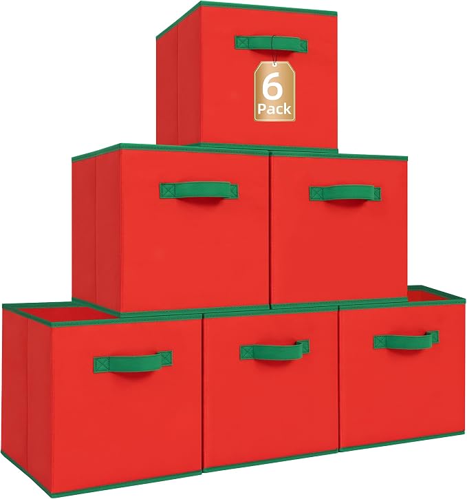 STORAGE MANIAC Storage Cubes, 11 Inch Durable 6 Pack Storage Shelf Basket for Christmas, Fabric Foldable Collapsible Bins with Handles for Organization, Closet, Shelves, Offices, Toys, Red by STORAGEMANIAC