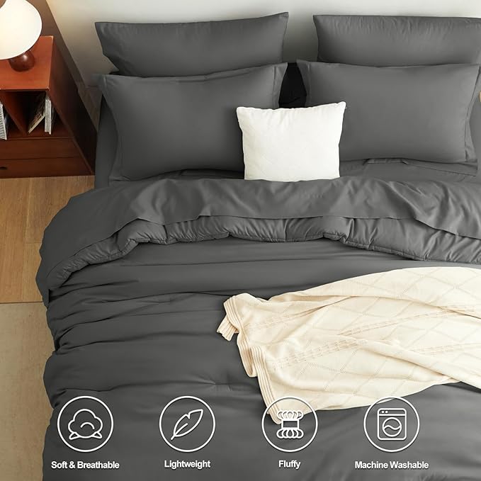 CozyLux Oversized King Comforter Set Dark Grey, 7 Pieces Bed in a Bag Comforter Set with Sheets, Dark Gray Luxury Soft Bedding Sets with Down Alternative Comforter, Sheets, Pillowcases and Shams