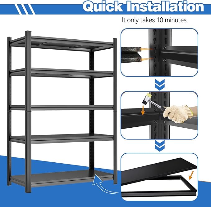 PRESTELION 72" H Storage Shelves Heavy Duty Garage Shelving Unit 5 Tier Metal Shelving Adjustable Storage Rack for Basement, Warehouse, Pantry, Closet, Kitchen 72" H x 40" W x 15.8" D, Black - Image 8