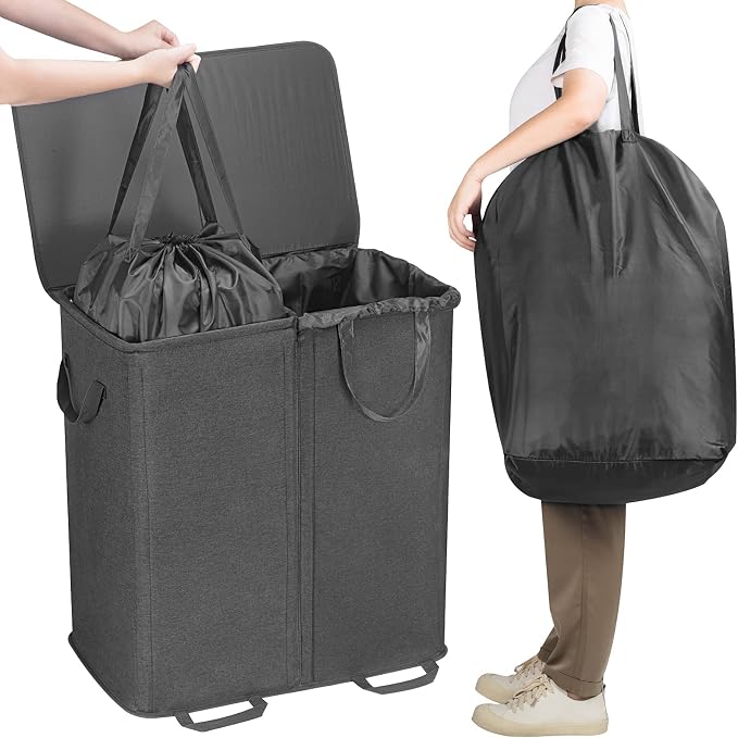 Lifewit Double Laundry Hamper with Lid and Removable Laundry Bags, Large Collapsible 2 Dividers Dirty Clothes Basket with Handles for Bedroom Laundry Room Closet Bathroom College, 136L Black - Image 4
