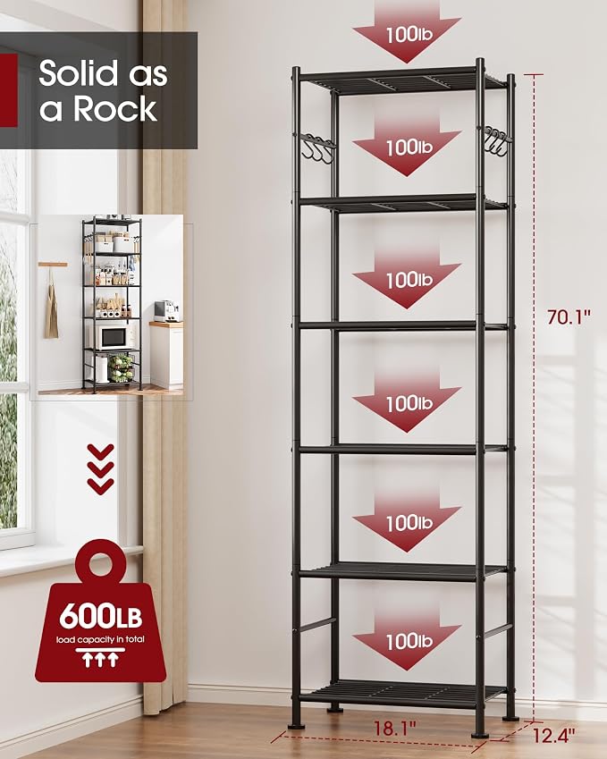Sakugi Storage Shelves - 6-Tier Large Capacity Shelf Organizer with Hooks, Heavy-Duty Garage Shelving with Leveling Feet, Wobble-Free Rack for Bedroom, Balcony, Garage, 18.1"×12.4"×70.1", Black - Image 3