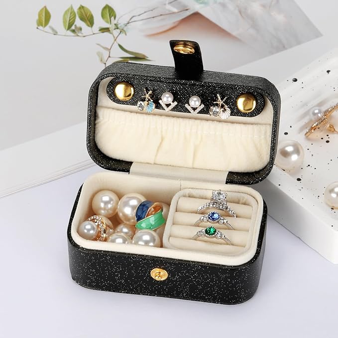 KUKUVR Small Travel Jewelry Box, Mini Jewelry Holder for Multiple Rings Necklace Earrings Lipstick, Portable Jewelry Storage Organizer Case with Removable Ring Slot (BLACK) - Image 3