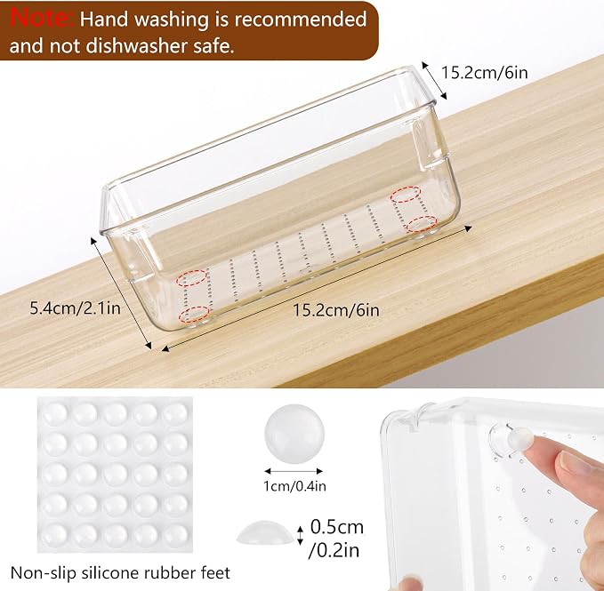 Ohlove 6 Pcs Large Clear Plastic Drawer Organizers Tray 6" x 6" Storage Bins with 25 Pcs Non-Slip Pads for Makeup, Jewelries, Kitchen Utensils, Bathroom and Office - Image 3