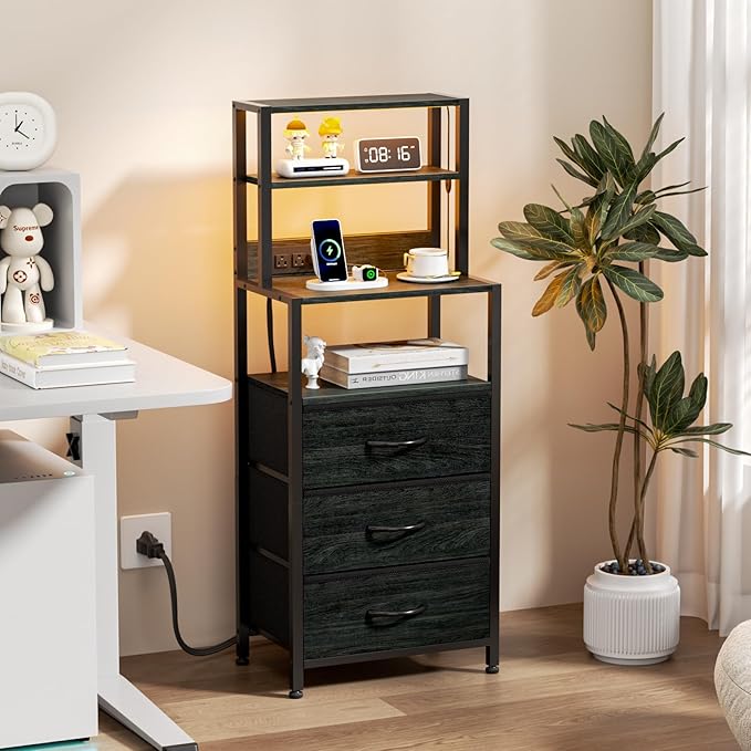 Furnulem Night Stand Set 2, Black nightstand Set of 2 with Charging Station, Bedside Table with Storage Shelf and 3 Fabric Drawers, Bed Side Table for Bedroom, Home Office, Dorm