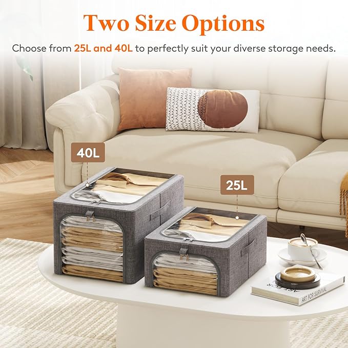 Lifewit Clothes Storage Bins with Metal Frame 6 Pack, Fabric Stackable Storage Bags with Lids, Zipper, Foldable Clost Organizers Containers for Clothing, Blanket, Winter Cloth, 25L