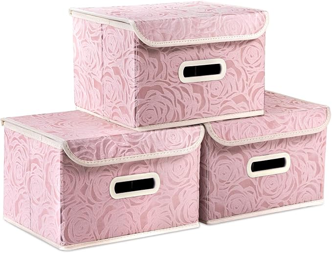 PRANDOM Collapsible Storage Boxes with Lids Fabric Decorative Storage Bins Cubes Organizer Containers Baskets with Cover Handles Divider for Bedroom Closet Living Room 9.8x7.9x6.7 Inch 3 Pack by Prandom