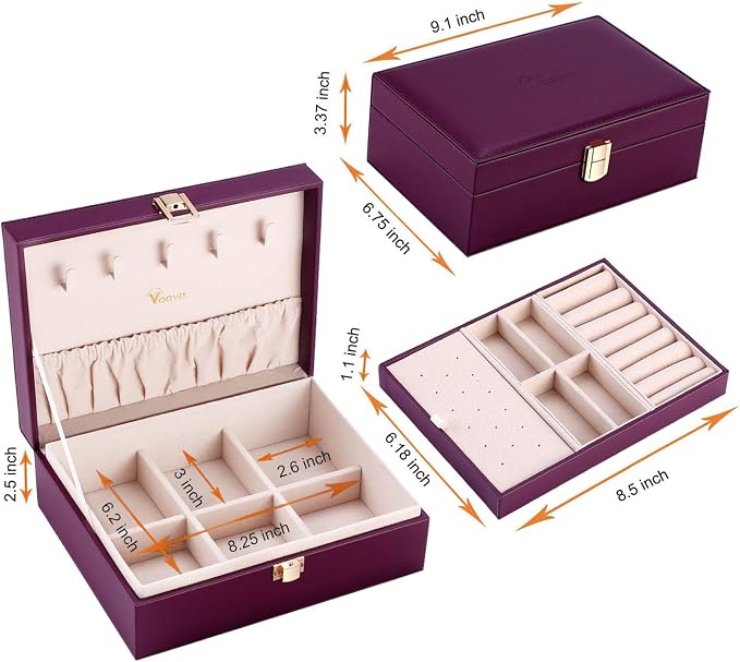 Voova Jewelry Box Organizer for Women Girls, 2 Layer Large Men Jewelry Storage Case, PU Leather Display Jewellery Holder with Removable Tray for Necklace Earrings Rings Bracelets, Vintage Gift, Purple - Image 6