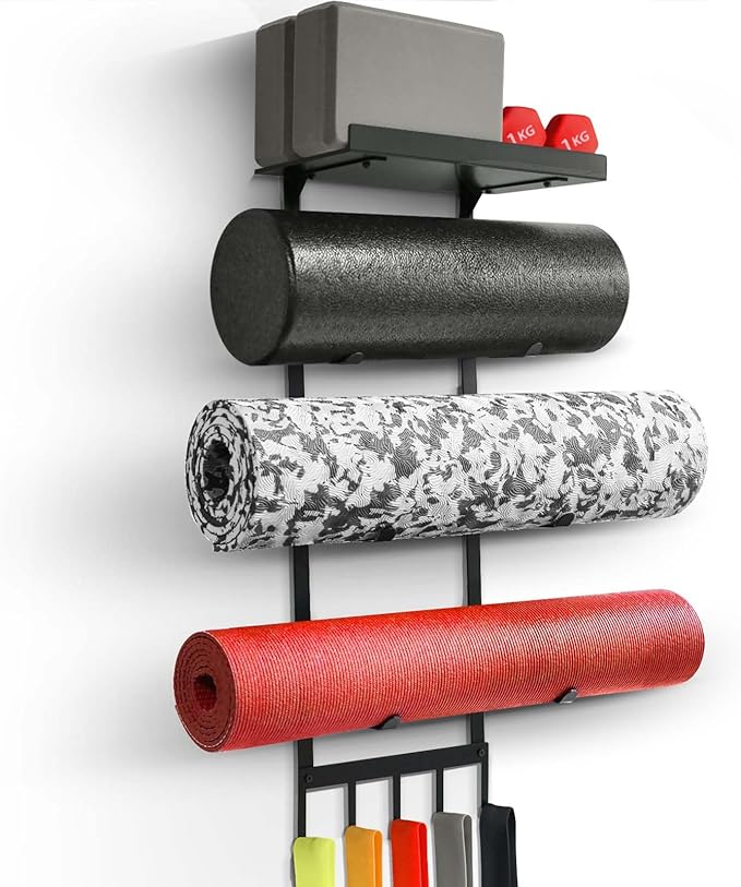 Yoga Mat Holder Wall Mount, Home Gym Storage Rack with Top Floating Shelf, 4-Tiers Holding Yoga Mat/ Blocks/ Rollers and Decorations, 5 Hooks for Resistance Bands, Skipping-Rope, Small Gym Equipment by MRZZATA