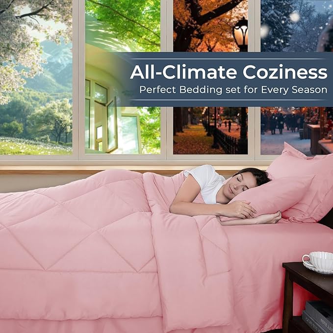 HEVUMYI Pink Twin Comforter Set - 5-Piece All Season Bed in a Bag Twin, Ultra Soft Bedding Set with Comforter, Flat Sheet, Fitted Sheet, Pillowcases, Pillow Shams, Pink