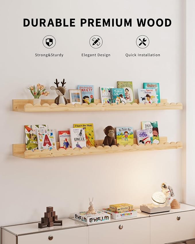 Shario Nursery Book Shelves, 4-Pack Wood Floating Shelves for Wall Kids, Scalloped Shelves, Wall Book Shelves for Bedroom Kids, Toddler Room, Baby Room, Nursery Decor(Wood, 36 Inches) - Image 2