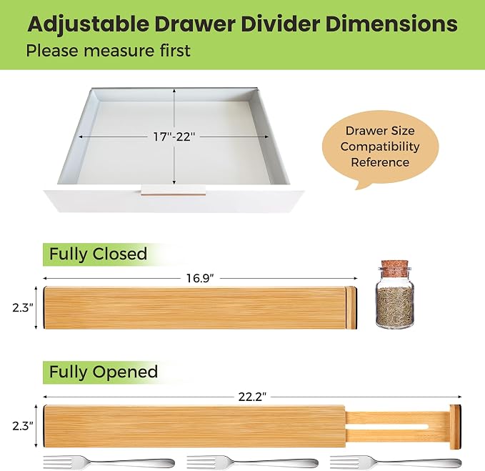 Fyvva Drawer Divider, Adjustable Bamboo Kitchen Drawer Organizer, Spring Loaded Drawer Organizer, Dresser Separators for Kitchen, Bathroom, Clothes, Office Desk Storage (Natural, 4 Pack Large) - Image 2