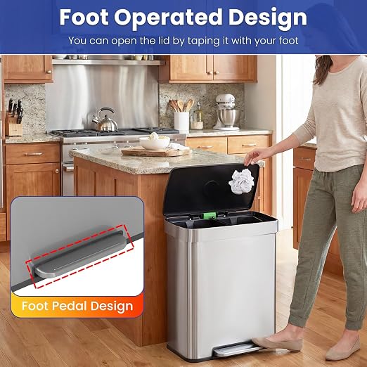 PayLessHere Dual Compartment Recycling Trash Can with Removable Buckets, 60L Stainless Steel Foot Pedal Trash Can with Soft-Close Lid for Home, Kitchen, Office, Bathroom. - Image 3