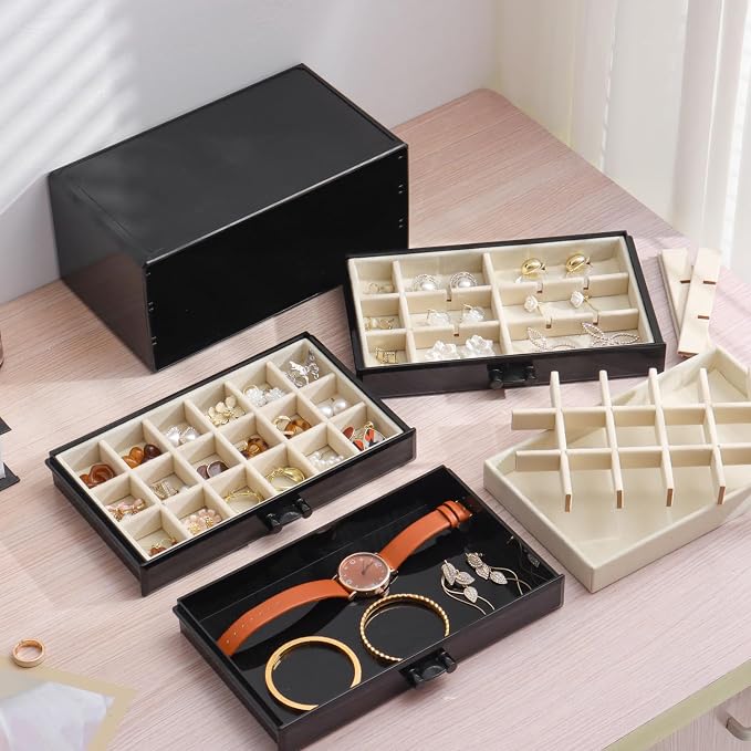 YUFONG Earring Organizer Box Acrylic Jewelry Organizer with 3 Drawers 54 Adjustable Grids Clear Stackable Earring Holder Velvet Trays Ring Display Case for Women Girls (Black Beige) - Image 3