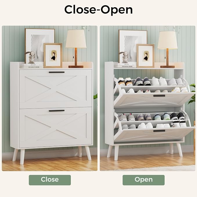 Homleke 32" W Farmhouse Shoe Storage Cabinet with 2 Flip Drawers and Barn Door Design, Adjustable Shelves, Modern Hidden Slim Narrow Shoe Rack Cabinet for Entryway, Foyer, Hallway, Living Room, White - Image 6