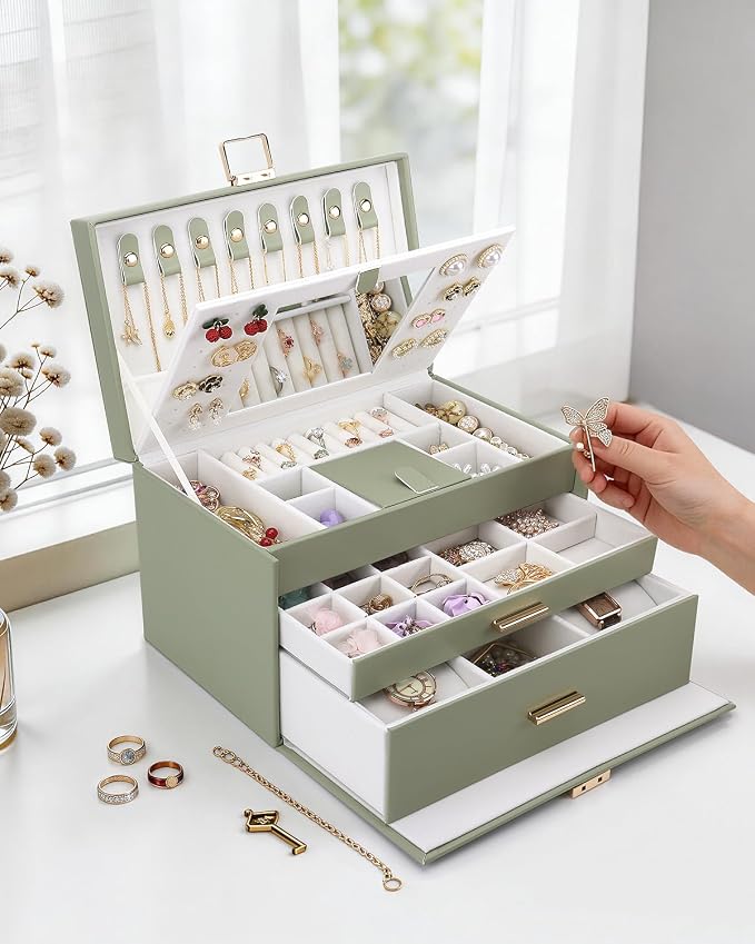 DesignSter Jewelry Box for Women Girl, 3-layer Lockable Jewelry Organizer with Mirror, Large Leather Jewelry Case for Earring Necklace Ring Bracelet Watch - Image 7