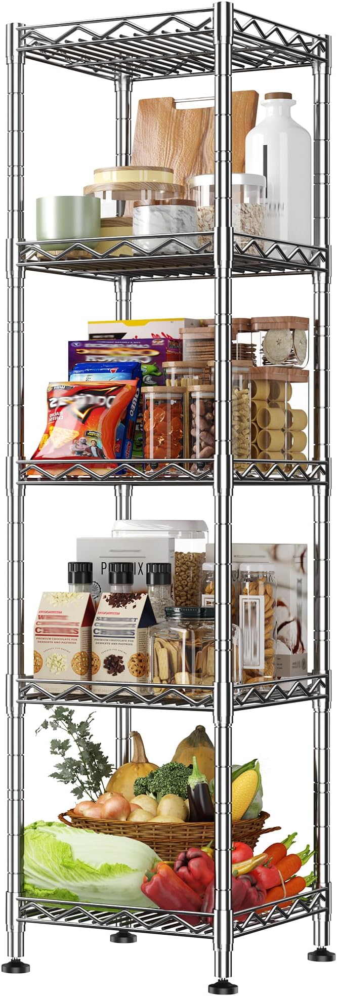 DurayLoly 5 Shelf-Wire Shelving Metal Shelves Storage Rack:Adjustable Storage Shelves Standing Shelf Units and Narrow Shelf for Laundry Bathroom Kitchen Pantry Closet Office 12''Wx12''Dx49''H Chrome by Durayloly