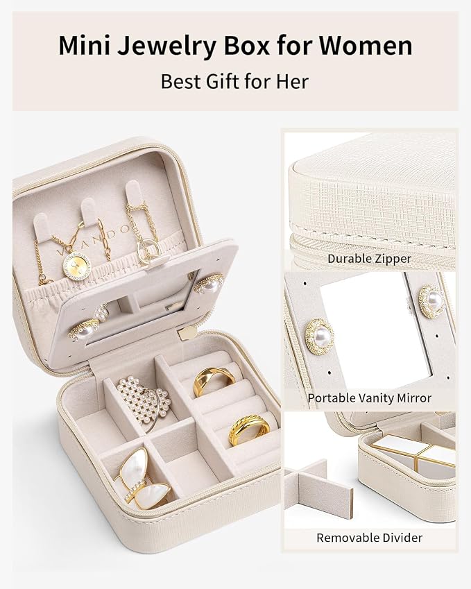 VLANDO Bridesmaid Gifts - Small Travel Jewelry Box Organizer - Wedding Gifts for Girls Women Rings Earrings Necklaces Storage with Mirror - Milky White - Image 3