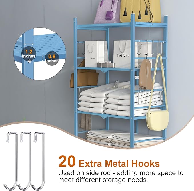 Himix Storage Shelves with 20 Hooks, 5-Tier Foldable Shelf for Storage, Folding Shelf Unit Pantry Shelves with Wheels, Standing Shelving Unit for Kitchen Garage Home Office Room Greenhouse, Blue - Image 4